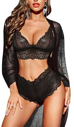 RSLOVE Ensemble de Lingerie Féminine Sexy Robe Kimono 3 Pièces avec Soutien-Gorge et Culotte Ensemble de Vêtements de Nuit Noir S