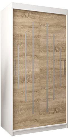 MEBLE KRYSPOL Schwebetürenschrank York 100 cm Kleiderschrank mit Kleiderstange und Einlegeboden Schlafzimmer- Wohnzimmerschrank Schiebetüren Modern Design (Weiß + Sonoma)
