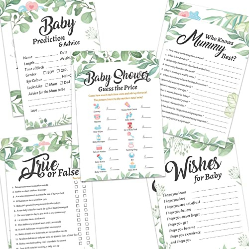 HOWAF Baby Shower Games, 50 x Baby Shower Games Cards Baby Prediction Cards, Who Knows Mummy Best, Guess The Weight Date, Neutral Unisex Baby Shower Party Games Baby Shower Decorations, 5 Baby Games