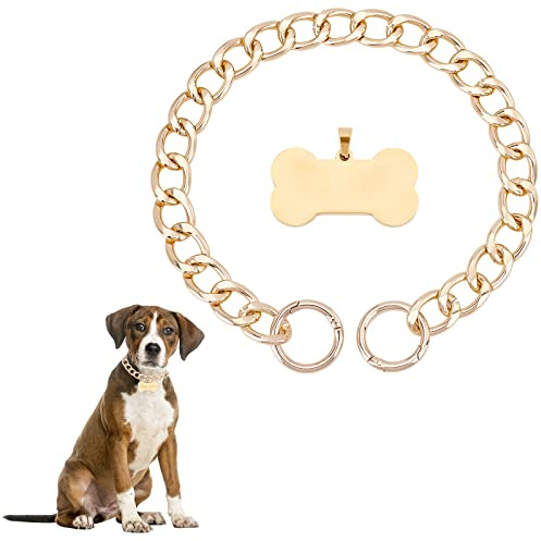 AHANDMAKER 50 cm Goldkette Hundehalsband, Luxuriöses Hundehalsband Mit Kubanischer Kette Und Knochenförmiger Goldener Hundemarke, Für XSmall, Klein, Mittel, Und Große Hunde