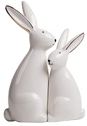 HAUCOZE 2pcs Kaninchen Figuren Skulptur Tier Deko Statue Modern Kunst 19cm | Weiß Keramik Hase Ornament Handgefertigtes Arts Geburtstag Fest Geschenk für Tisch Bücherregal Schreibtisch