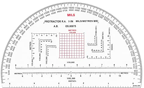 CYA MP-3 9 Half Circle Military Map Protractor - Mils Romer Scale Tool | Thick waterproof 9 half circle map protractor with mils & romer scales. Fits 1:25k, 1:50k & 1:100k UTM/MGRS charts.