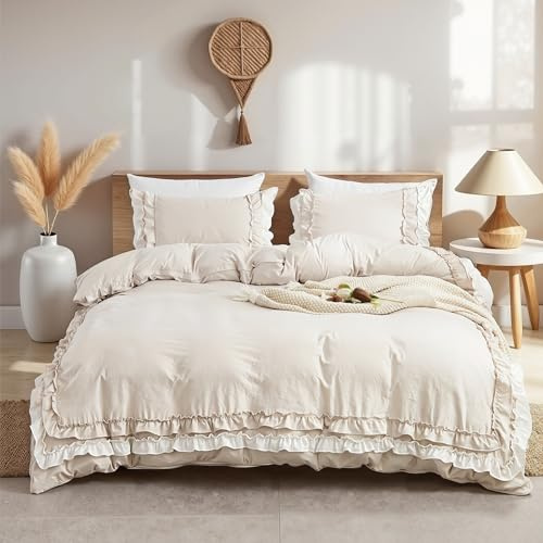 Sedefen Bettwäsche 200x200cm Beige mit Weiß Rüschen Bettbezug Romantisch Uni Einfarbig Mädchen Mikrofaser ÖKO-TEX Deckenbezug mit Reißverschluss und 2 Kissenbezüge 80x80cm für Doppelbett