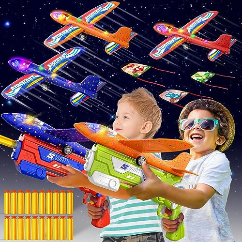 Doloowee 4 IN 1 Airplane Launcher Spielzeug, LED Schaumstoff Gleiter Flugzeug Katapult, 3 Flugmodi, Outdoor Sport Fliegen Spielzeug 3-12 Jahre alt Jungen Mädchen Geburtstag Geschenke(Blau+Grün)
