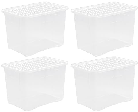 (Set of 4) 80L 80 Litre Crystal Clear Plastic Storage Box With Lid Transparent Storage Container Medicine Toys Garage Office Home & Kitchen Made in UK (80 LITRE, Crystal Container)