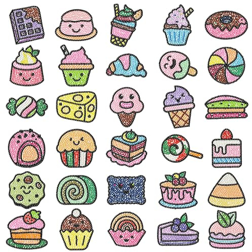 ANGOLIO Kit de 30 autocollants de peinture diamant 5D à faire soi-même pour gâteaux, crème glacée, beignets, peinture en cristal, kit d'artisanat pour enfants, décorations de fête de classe