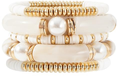GOOJIDS Chunky Simple Beaded Gold Plated Bangles Bracelet Bamboo Tube Curved Stacking White Acrylic Colorful Beads Stretchable Gold Plated Bracelets Set For Women