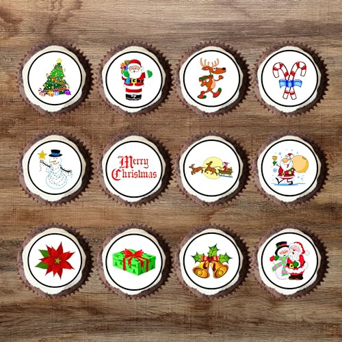 PRECUT Edible Christmas Cake Toppers - Theme #1 Mini Xmas Cupcake Toppers (Pack of 24)
