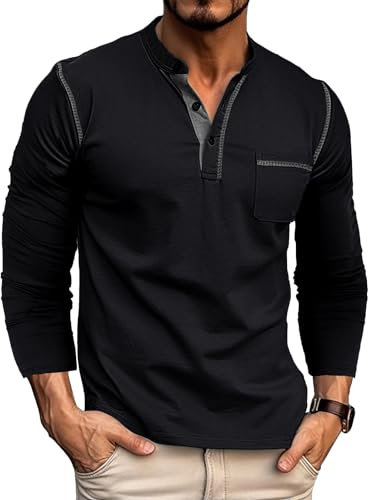 Ophestin Men's Henley Shirts Long Sleeve T Shirt Casual Fashion Shirt Buttons Tee Top Black XL