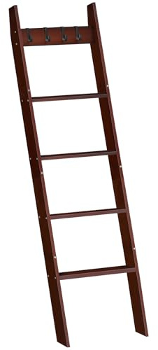 HOOBRO Blanket Ladder for Living Room and Bedroom, 5-Tier Wall Leaning Towel Rack for Bathroom, Decorative Ladder Shelf with 4 Removable Hooks, Farmhouse Blanket Storage, Brown BR51CJ01G1