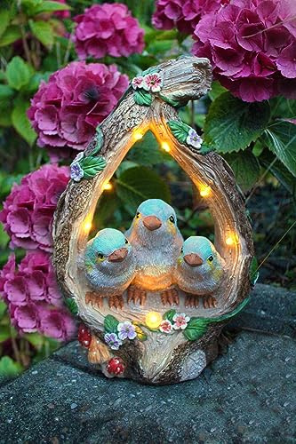 Arnusa Solar Gartenfigur Baumstamm mit Vögel 30 cm Solarleuchte Gartendeko beleuchtet Solarlampe Holzoptik warmweiß Außen