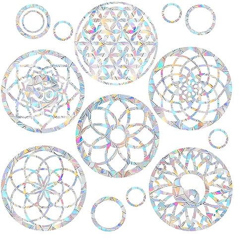 SHAWULA 18PCS Mandala Window Clings Anti-Collision Decals to Save Birds from Collisions,Non Adhesive Prismatic Vinyl Window Clings Rainbow Stickers