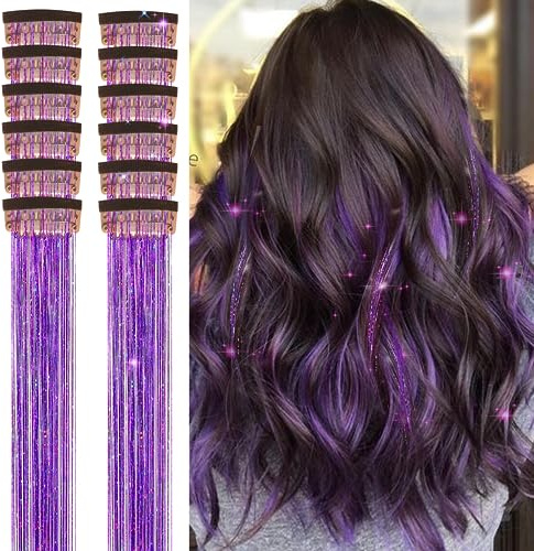 Set di 12 mollette per capelli, 20,5 pollici, lustrini, resistenti al calore, extension per capelli di fata con clip, ciocche scintillanti, accessori per capelli da festa per donne e ragazze (viola)