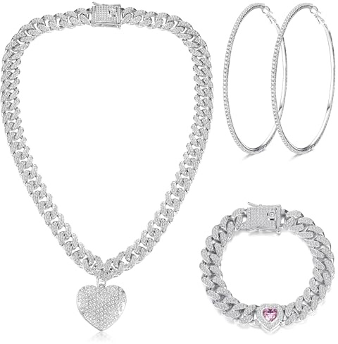 Kakonia Jewellery Set For Women Link Chain Jewellery Set Heart Chain Necklace Bracelet Rhinestone Hoop Earrings Silver Iced Out Heart CZ Cuban Link Chain Big Circle Earrings Hip Hop For Women 50MM