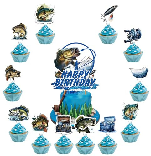 MMBDAMAI 25 Pcs Gone Fishing Cake Topper Cupcake Toppers Fishing Cake Decorations Fishing Party Decorations Gone Fishing Birthday Party Supplies for Fishing Baby Shower Decorations