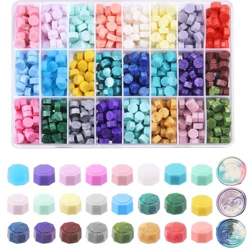 Swpeet 1200Pcs 24 Colors 8mm Sealing Wax Beads Kit, Octagon Wax Seal Beads Sealing Wax Pellets Ideal for Wax Seal Stamps, Cards, Wedding Invitations, Wine Packaging, Gift Wrap, Envelopes