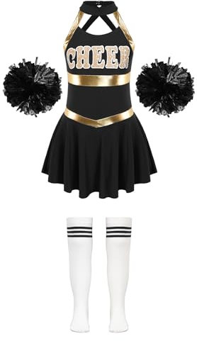 YOOJIA Kinder Cheerleadering Outfit Mädchen Cheer Uniform Kleid Cheer Kostüm mit Pompoms Socken für Karneval Halloween Party Ein Weiß&Schwarz 170