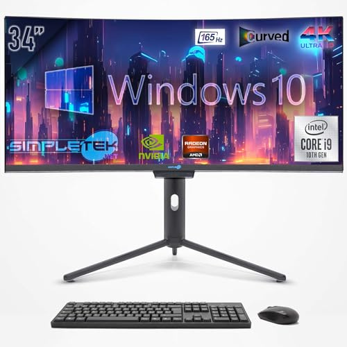 SIMPLETEK - Computer All in One 34 Curved Bildschirm 4K 165Hz für Gaming, Grafik, Core i9 10. Generation | Windows 10 Pro | GPU GTX1650 4GB | 16GB RAM SSD 960GB | 2K Webcam | BT 5.2
