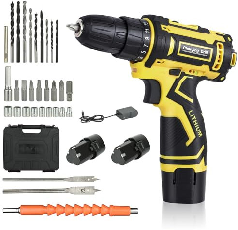 Trapano Avvitatore Batteria, Trapano a Percussione 12V, Cacciavite Elettrico da 35 Nm con Batteria da 2000 mAh, set di avvitatore a batteria 2 velocità, 25 + 1 regolazione della coppia, 34 Accessori