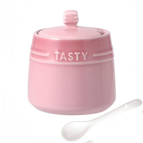 Dowbom Sal, azucarera de porcelana de color sólido, para barra de café, azucarero con tapa y cuchara (rosa, 10 onzas), DB-TG-011