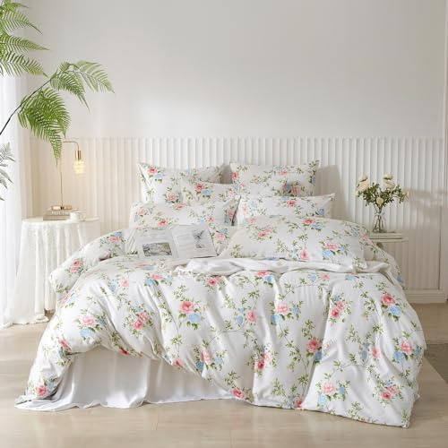 DXHOME Ropa de cama Renforce 200 x 200 cm, juego de sábanas blancas, azules, rosas y verdes con hojas y plantas, reversible, de microfibra suave y transpirable, funda nórdica con cremallera y 2 fundas
