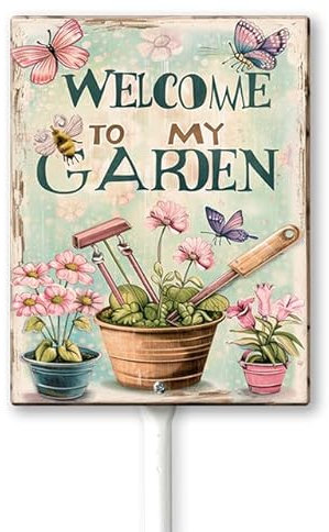 Geroclonup Welcome To My Garden Cartello con Paletto, Decorazione Artistica per Interni ed Esterni, in Alluminio, per Cortile, Sentiero, Patio
