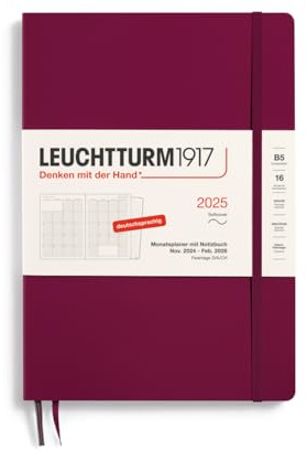 LEUCHTTURM1917 370603 Monatsplaner & Notizbuch Composition (B5) 2025, 16 Monate, Softcover, Port Red, Deutsch