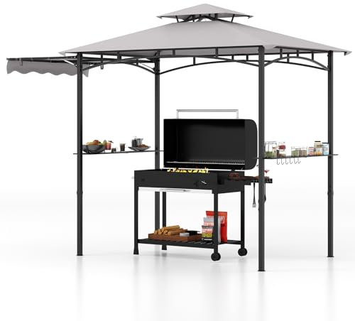 GOPLUS Tonnelle pour Barbecue avec Auvent Latéral, Abri Barbecue Extérieur avec Dessus à 2 Niveaux, Crochets, Décapsuleur, Abri pour Barbecue à Dessus Souple, pour Jardin, Cour (242+84x153x250CM Gris)