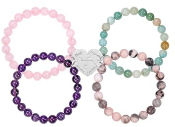 PiercingJak 3-4 Stücke Freundschaftsarmband mit Gravur Herz Puzzle BFF Anhänger Perlenarmband 8mm Edelstein Perlen Armbänder Personalisierte Geschenke für Freundinen Freunde, Best Friends Forever