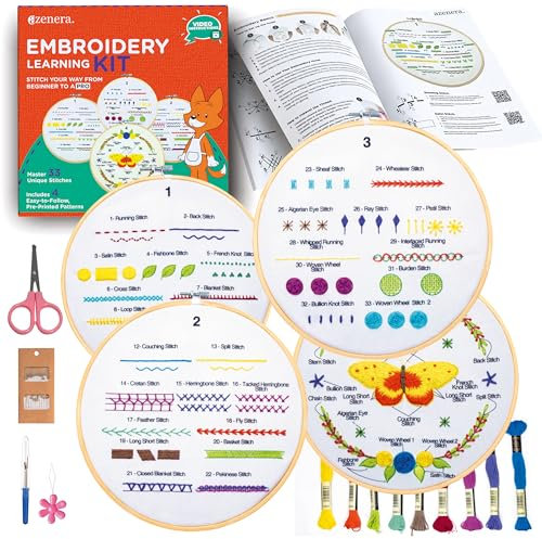 Azenera Stickset für Anfänger – Kreuzstich & Sticken lernen mit Videoanleitung für Erwachsene | 4 Stoffdesigns, Fäden, Bambusrahmen & Werkzeug (AZD 200)