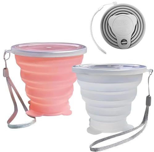 WERIGONI 2er-Pack Faltbarer Becher Kleiner Faltbecher aus Silikon erweiterbarer Faltbarer Wasserbecher wiederverwendbarer tragbarer Becher mit Deckel für Reisen