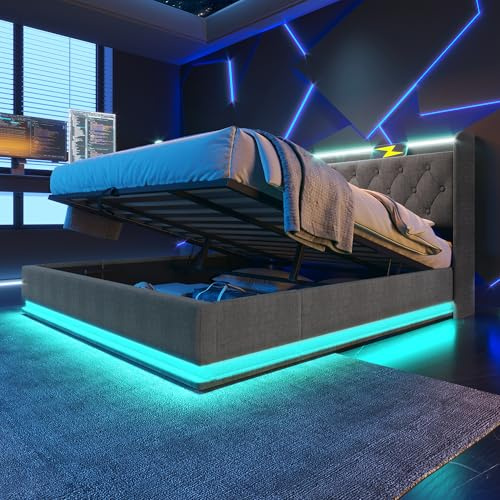 Polsterbett 180x200 cm, Stauraumbett Funktionsbetten mit 360-Grad-Surround-LED-Beleuchtung, LED Kopfteil mit USB Typ-C Ladefunktion, Doppelbett mit Stauraum und Lattenrost, Leinen,Ohne Matratze, Grau