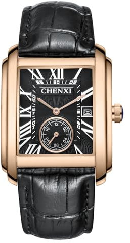 OIDEA Herren Armbanduhr Rechteckig aus Leder: Silber Römische Zifferblatt mit Datum Schwarz Echt Leder Armband Vintage Uhr mit Sekundenzifferblatt Herrenuhr Geschenk für Freund Bruder Vater