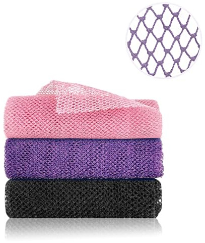 3pcs Exfoliating Bath Net Sponge, Bubble Nets & Nylon Skin Scrubbers, 80x30cm Body Wash Foaming Net, Cleaning Spa Massage Towel Back Scrubber for Deep Clean(Pink+Purple+Black)