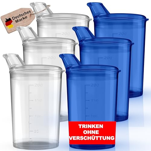 D.VARA 6x Schnabelbecher mit Deckel 250ml Schnabeltasse Senioren transparent und blau Set aus 6x Becher mit 6x Deckeln Öffnung 12 x 10 mm Trinkbecher mit deckel- Trinkbecher Baby (Transparent% Blau)