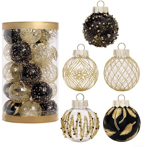 YUANGANG Lot de 25 boules de Noël à paillettes en plastique pour décoration de sapin (noir doré)