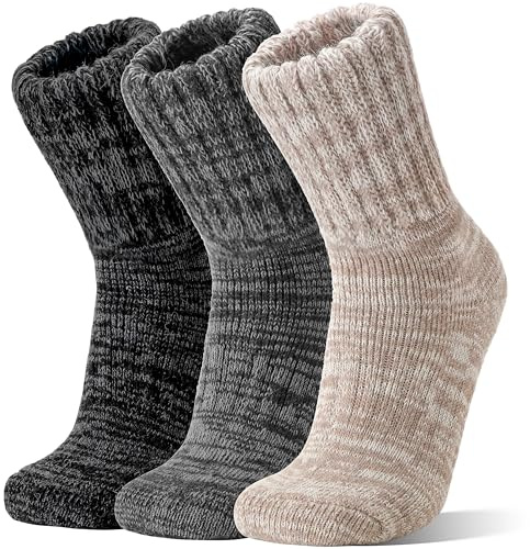 Sandsuced Merino Wool Thermal Boot Socks for Women Men Winter Warm Cozy Thick Hiking Socks 3 Pairs Christmas Stocking Stuffers (Grey/Black/Light Khaki,M)