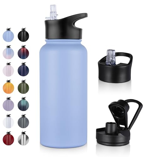 UMBFUN Edelstahl Trinkflasche - 1L - mit Strohhalm,Auslaufsicher,Kohlensäure Geeignet,BPA frei Thermosflasche(+2 Deckel) Vakuum Doppelwandisolierung für Sport,Reisen,Camping,Schule,Fahrrad,Gym