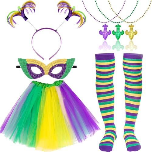 Peirich Mardi Gras Kostüm Zubehör Set für Frauen, beinhaltet geschichteten Tüll Tutu Rock, Pferdeschwanz Stirnband, Maske, Mardi Gras Perlen Halskette für 80er Jahre 90er Geburtstag Mardi Gras Party