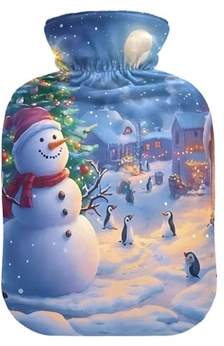 Wärmflaschen Schneemann Pinguine Weihnachtsbaum mit weichem Samtbezug Wärmbeutel für Menstruationskrämpfe, 2L