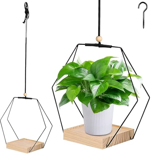 Blumentopf Hängend, Blumenampel Hängend Innen, Fensterdeko Hängend Metallring mit Holzsockel, Hängetopf für Pflanzen, Boho Deko Makramee Blumenampel für Innen Außen Deko Wohnzimmer Balkon Deko (C)