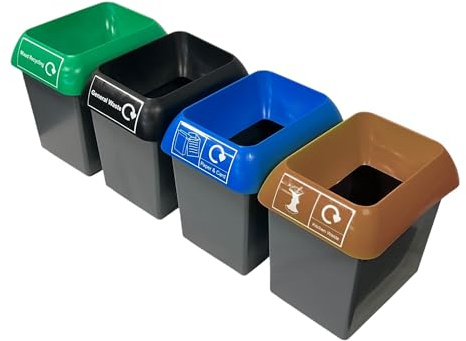 Chabrias Recycling Station For Simpler Recycling UK Made 100% Recycled Plastic Colour Coded, Non-recyclable, Food waste, Paper, plastic, metal and glass (4, 30 Litre Green, Black, Blue, Brown)