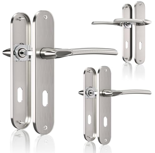 Bwintech 3 jeu de poignées de porte classiques en nickel brossé avec trou de serrure, distance de 195 mm entre les trous de vis, espacement de 70 mm entre les trous de serrure