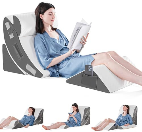 Juego de 4 almohadas ortopédicas de cuña de cama para dormir, almohada de espuma post-cirugía para el cuerpo, espalda y piernas alivio del dolor, cojín de apoyo ajustable triangular con reflujo ácido