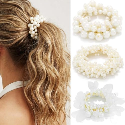 Reaky Pearl Hair Ties Beaded Hair Scrunchies Fancy Ponytail HoldersDecorative Hair Accessories for Women