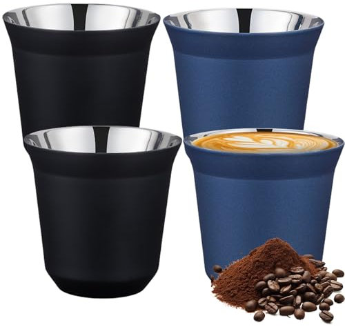 Calenxy Set di 4 tazze da caffè in acciaio inox, 80 ml, nero, blu scuro, caffè espresso, isolate sotto vuoto, robuste, ecologiche