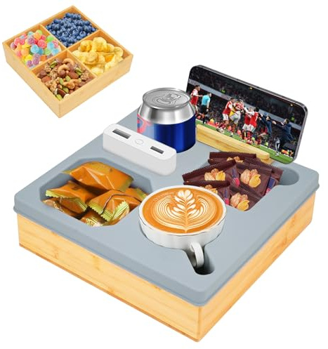 MAIJIAJU 1 Stück Bambus Snackbox, Mit Abnehmbaren Silikon Trennwänden Grau | Integrierter Getränke- Und Handyhalter, Anti-Spill, Praktischer Sofa Organizer Für Snacks, Couchbar Für Wohnzimmer