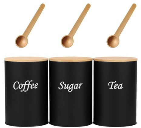 Juego de botes de té para azúcar y café de 1 litro, juego de recipientes de cocina vintage para té, café, azúcar, 3 piezas de metal con tapa hermética de bambú, decoración del hogar (negro)