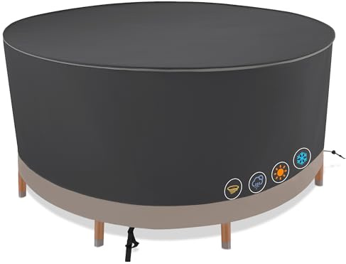 Abdeckung für Gartenmöbel,Schutzhülle für Gartentisch Wasserdicht,Abdeckplane 420D Oxford Gewebe,Verstärkten Nähten Anti-UV, Belüftungsöffnungen & Schnallen für Sitzgruppe & Lounge-Möbel,Rund 200x85cm