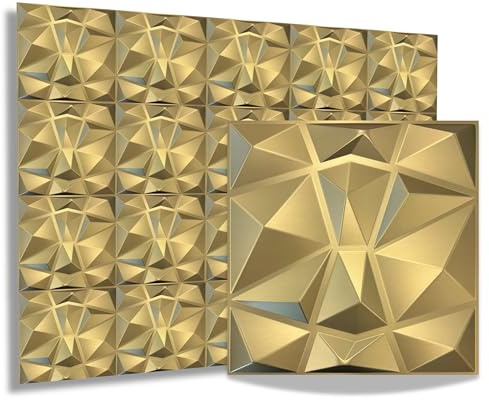 Lot de 40 panneaux 3D - 50 x 50 cm - En plastique PVC - Panneaux muraux pour chambre de jeu, mur, plafond - Aspect 3D - 10 m² - En PVC - D094 - Diamant doré champagne
